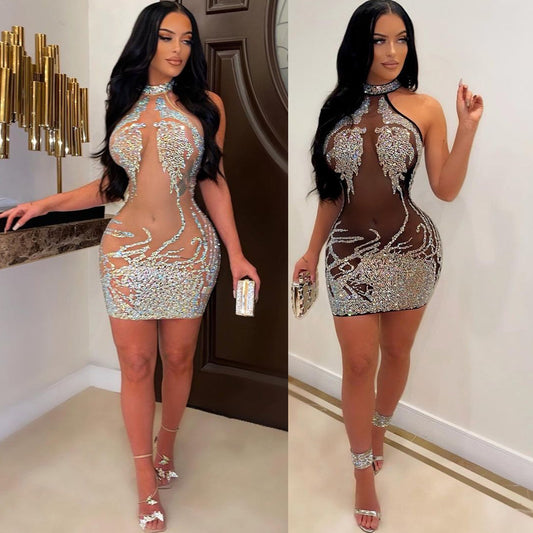 Women's Summer Sexy Tight Mesh Rhinestone Nightclub Dress