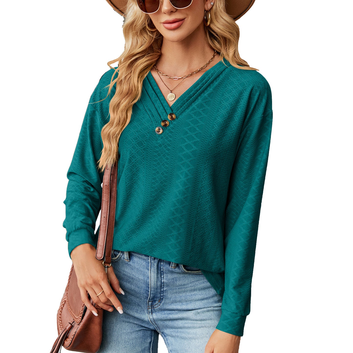 Women's Solid Color Button Loose Long-sleeved Clothing