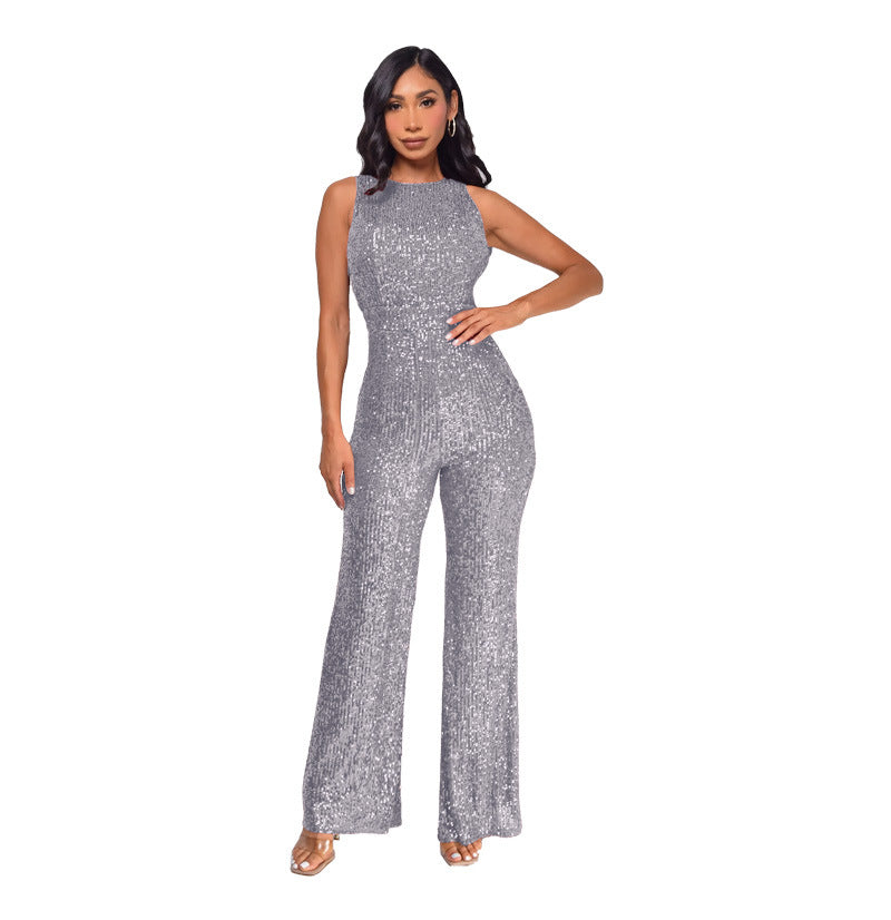 Women's Wind Sleeveless Sequined Round Neck Slim Jumpsuits