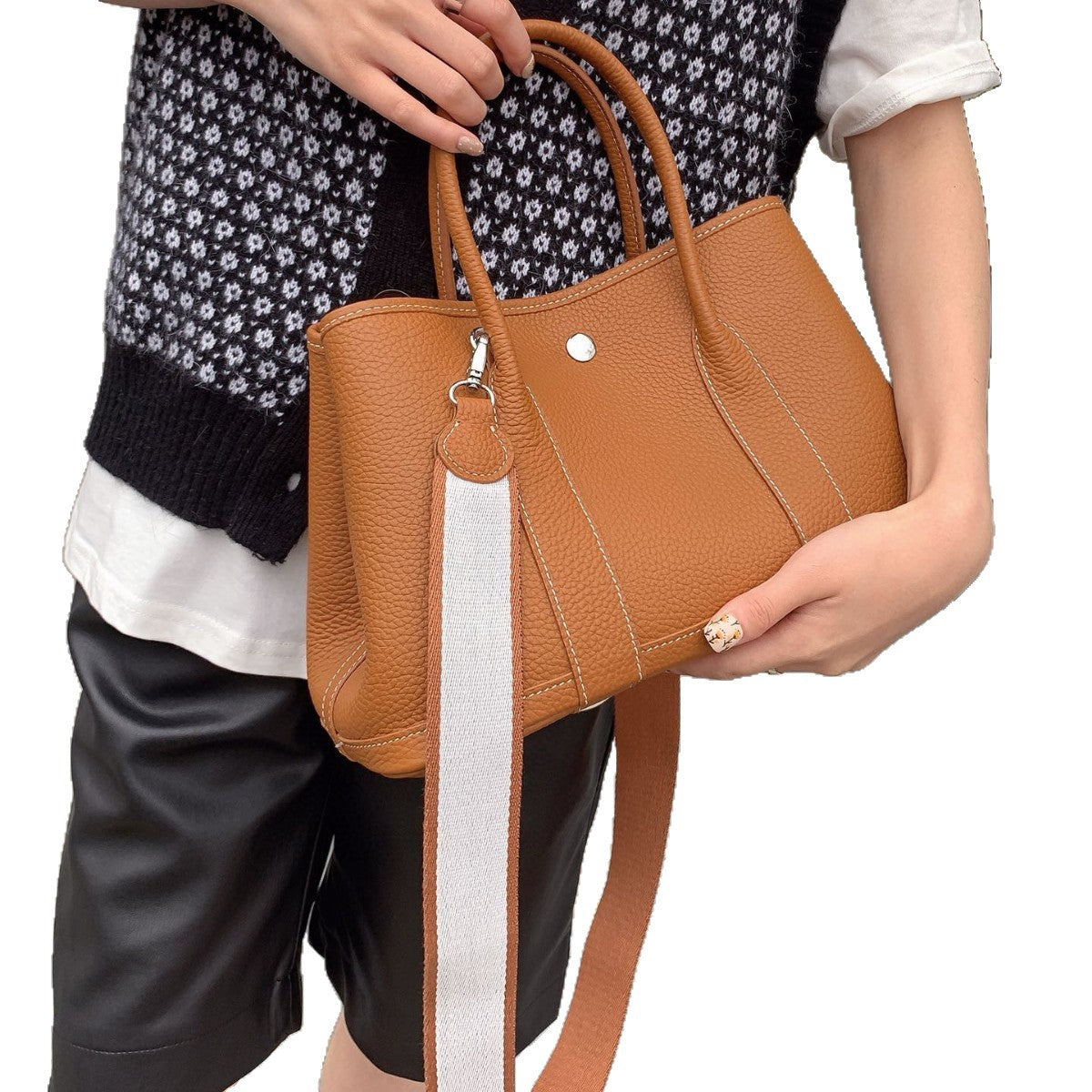 Durable Women's Cowhide Lychee Pattern Wide Handbags