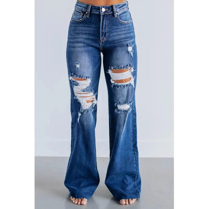 Women's Waist Casual Slimming Holes Wide Leg Women's Jeans