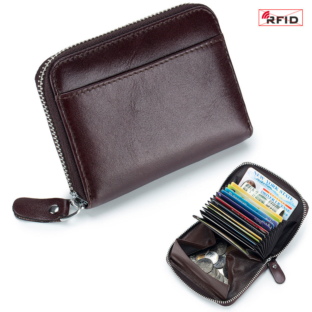 Men's Leather First Layer Cowhide Zipper Organ Card Holder