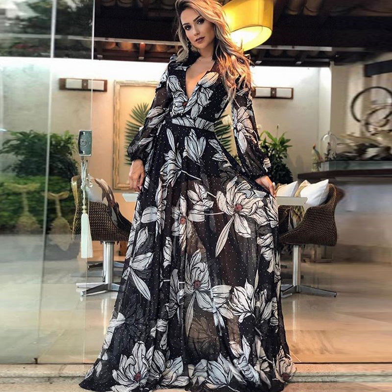 Women's Sexy Deep V Long Sleeve Printed Skirts