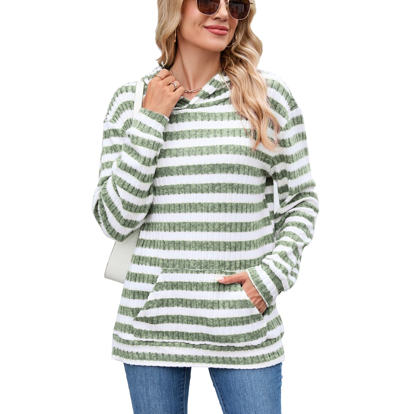 Women's Striped Hooded Pocket Loose Long Sleeve Women's Sweater, Sweater