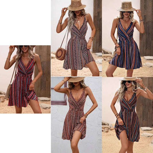 Women's Summer Striped Wrap Spaghetti Strap Elastic Dress