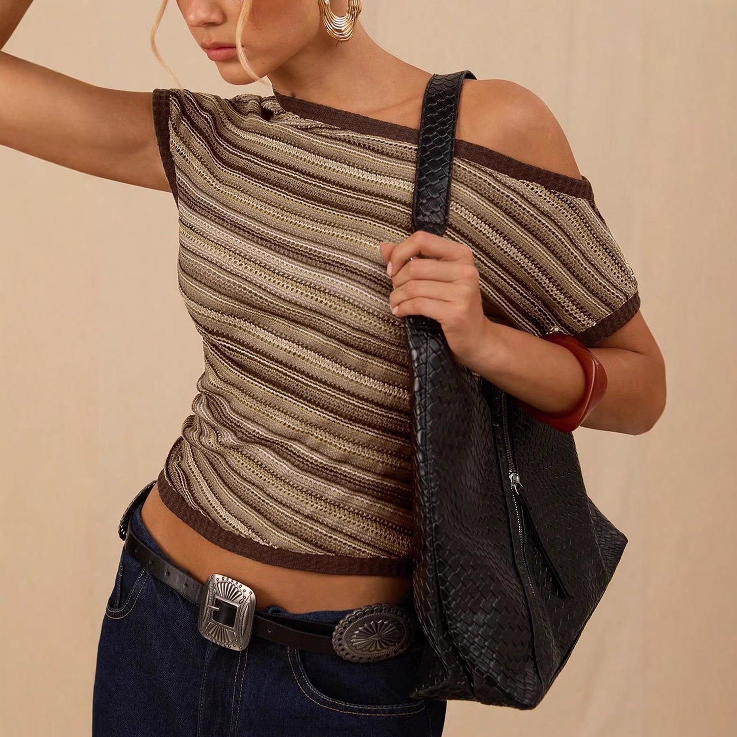 Women's Striped Retro Colorful Knitted Contrast Colors Sleeve Shoulder Women's T-shirt