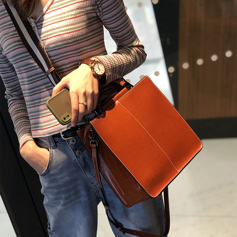Women's Oil Wax Cowhide Big Fashion Graceful Shoulder Bags