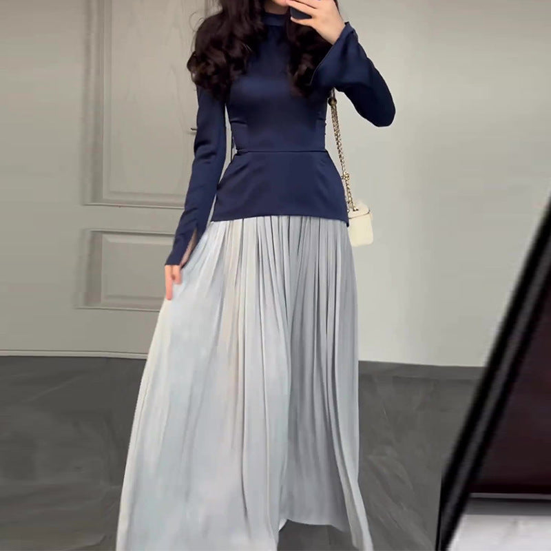Women's Autumn Solid Color Fashion Stitching Design Round Dresses