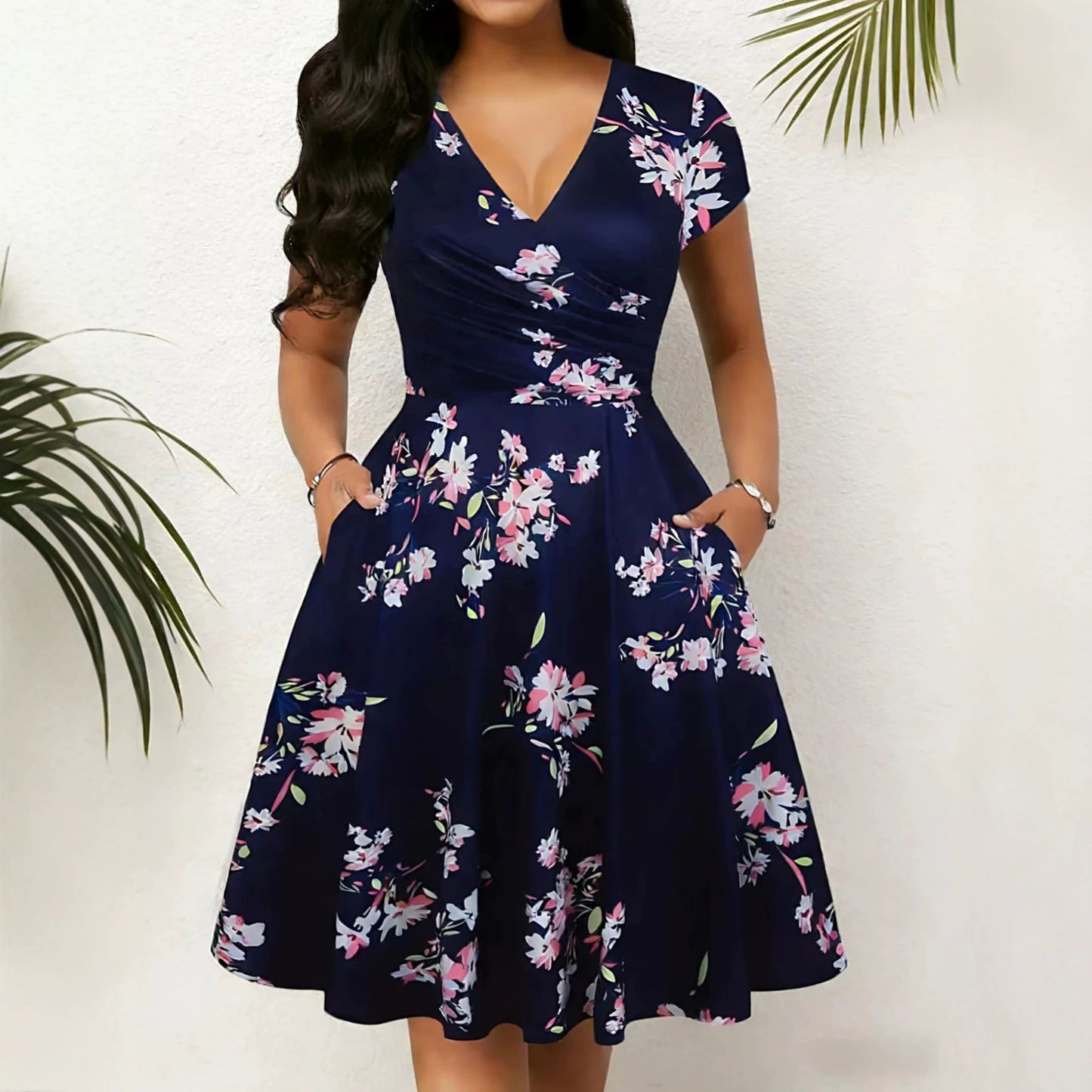 Women's Summer Pocket Sleeve Popular Floral Print Long Dress