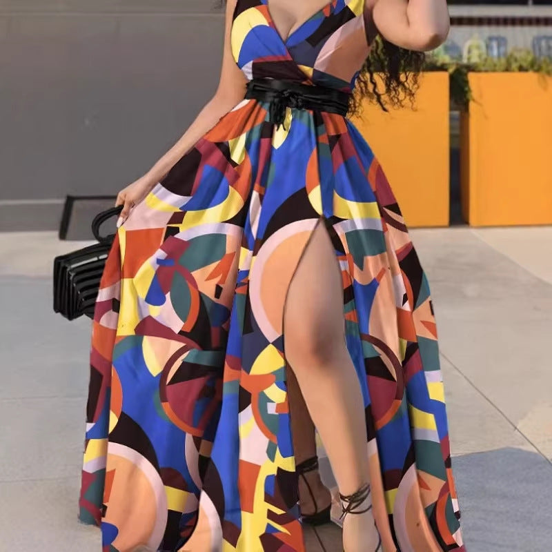 Women's Printed Elegant Sleeveless Sexy Slit Large Dress