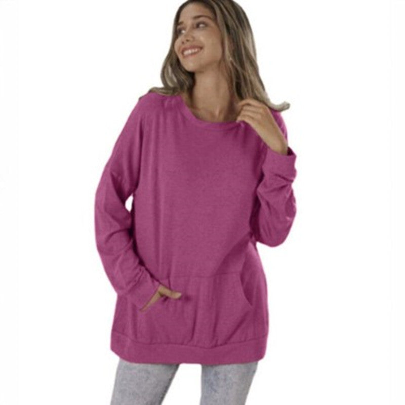 Women's Round Neck Loose Pocket Long Sleeve Tops