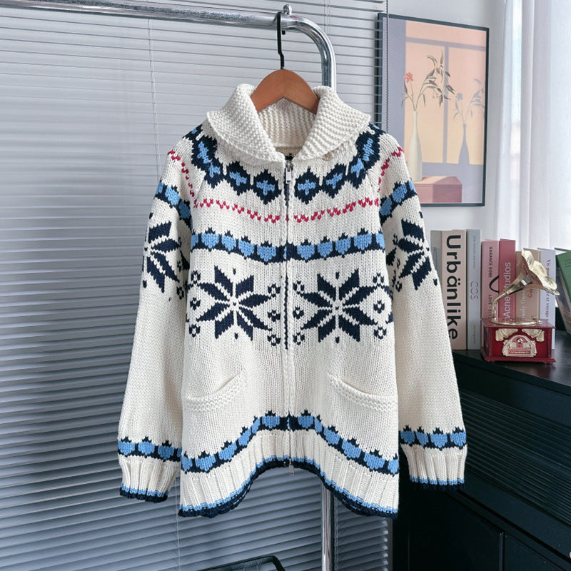 Women's Snowflake Jacquard Atmosphere Loose Zip Lapel Sweaters