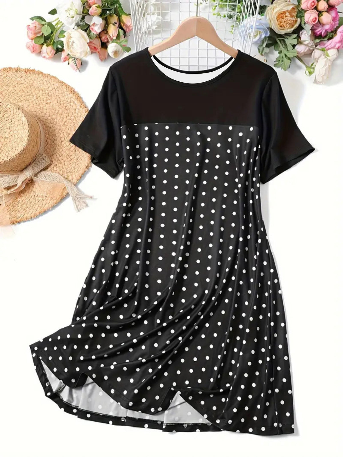 Women's Polka Dot Round Neck Sleeve Nightdress Dress