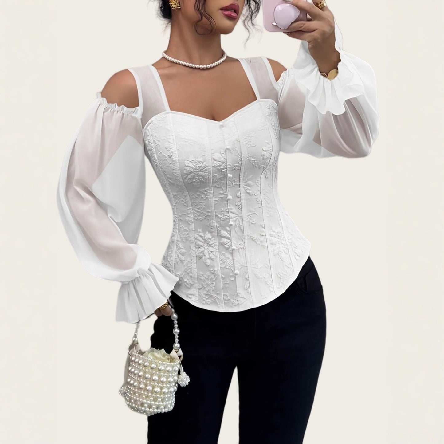 Women's Jacquard Shirt Square Collar Long Sleeve Blouses