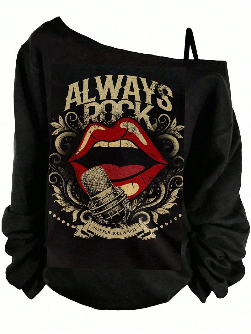 Women's Sling Solid Color Printing Long Sleeve Trendy Women's T-shirt