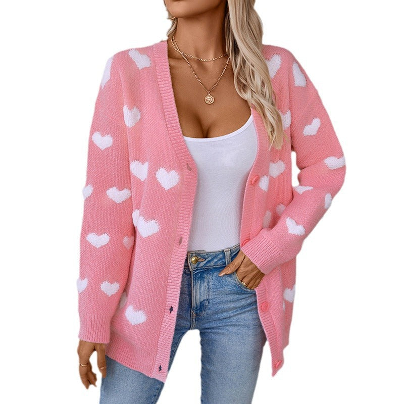 Women's Embroidery Heart Knitted Mid-length Button Sweet Sweaters