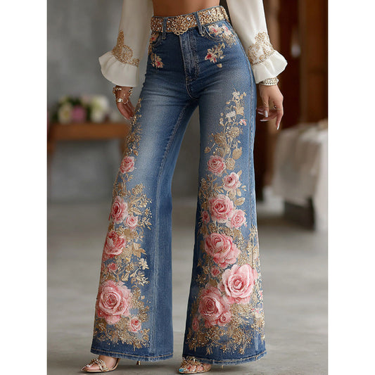 Women's Digital Printing Fashion Slimming Denim Bell-bottom Jumpsuits
