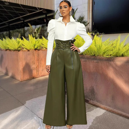 Women's Fashion High Waist Flared Leather Style Pants