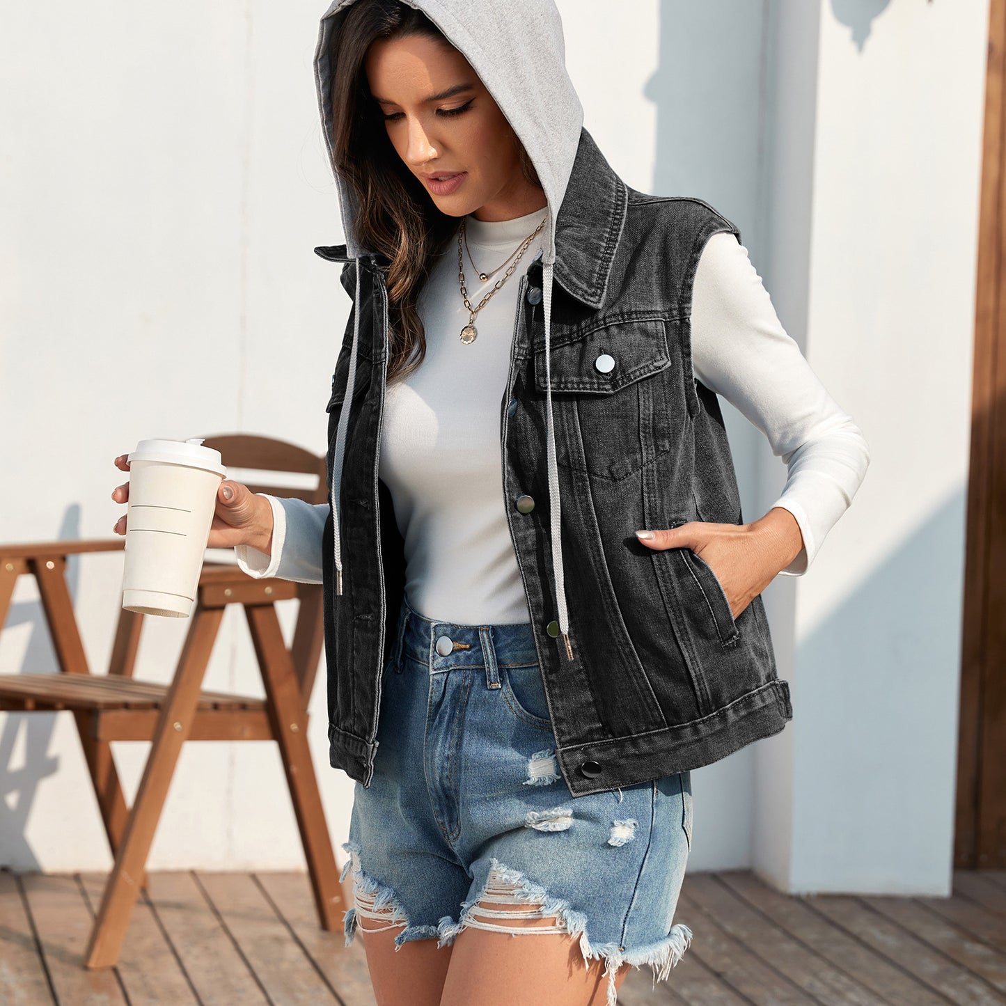 Women's Washed Classic Look Denim Waistcoat For Vests