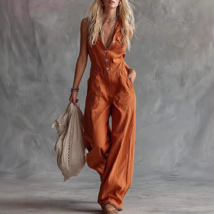 Casual Fashion Western Style Front Button Sleeveless Jumpsuits