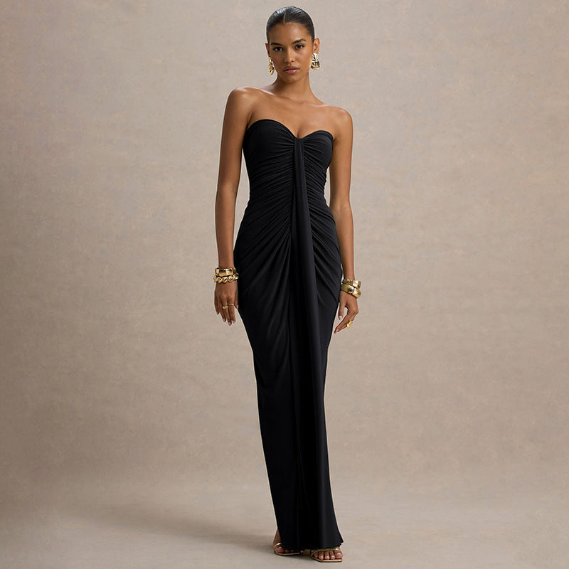 Women's Autumn Solid Color Sleeveless Pleated Wrap Hip Dress