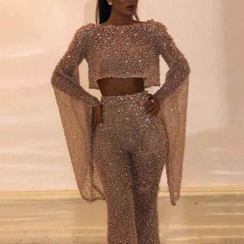 Women's Two-piece Sexy Long-sleeved Backless Trousers Jumpsuits