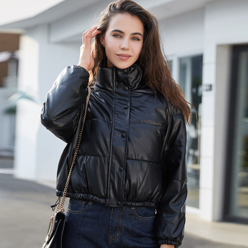 Women's Leather Cropped Stand Collar Cotton Jackets