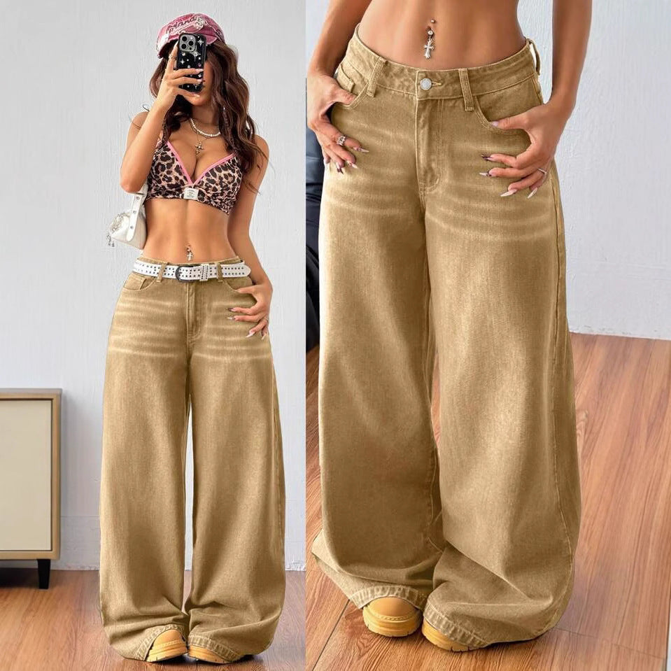 Khaki Leisure Cargo Washed Loose Straight Jeans
