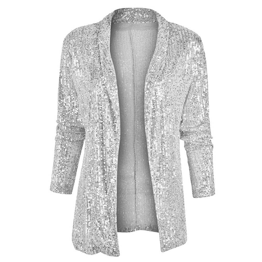 Women's Spring Sequined Long Sleeve Elegant Mid-length Small Polo Collar Blazers