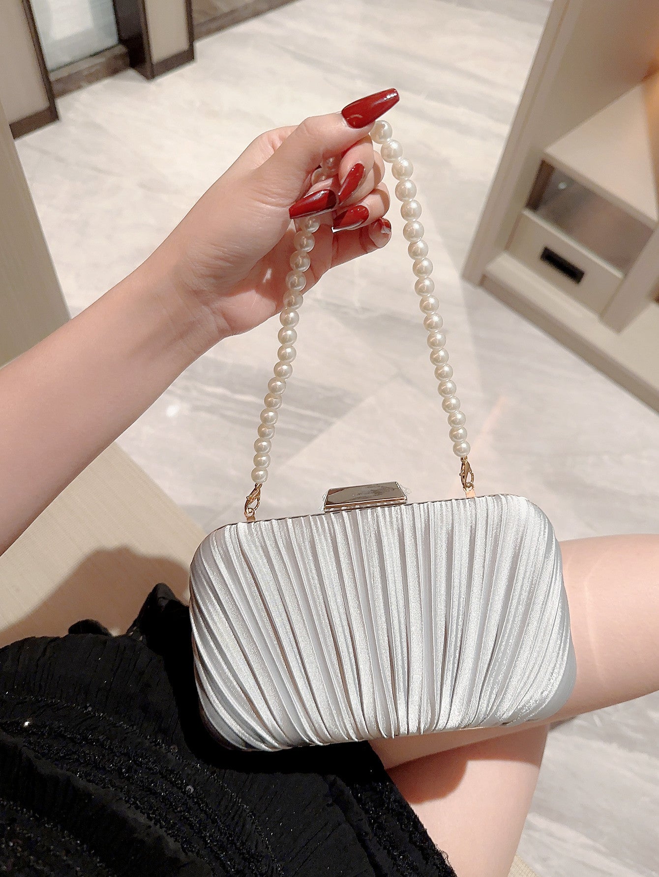 Pleated Dinner String Of Pearls Clutch Evening Bags