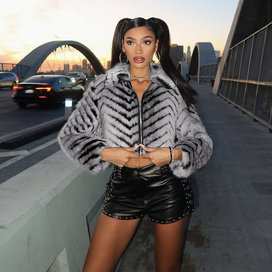 Women's Fashion Temperament Striped Lapel Zipper Fur Coats