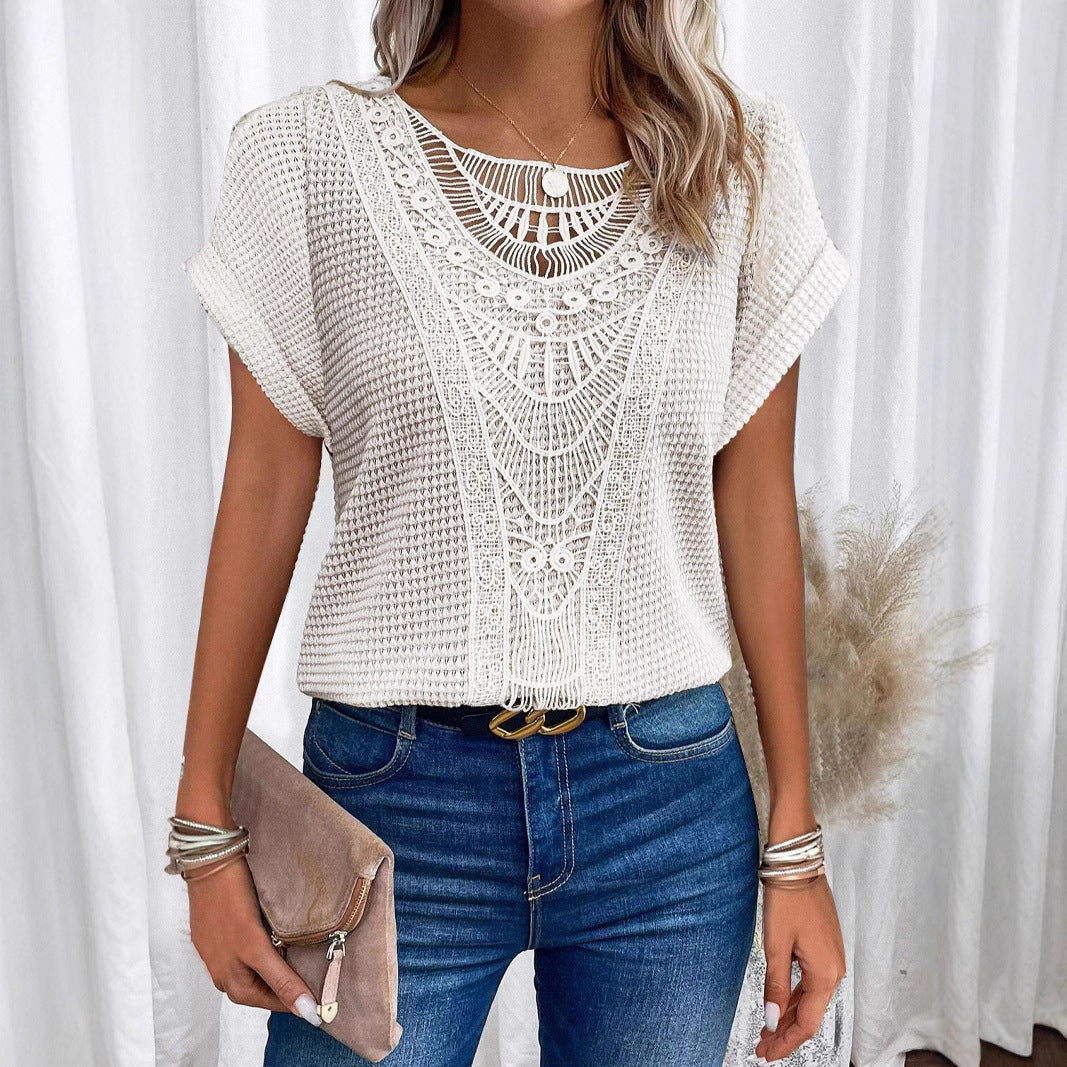 Pretty Fashion Women's Lace Patchwork Short-sleeved Women's T-shirt