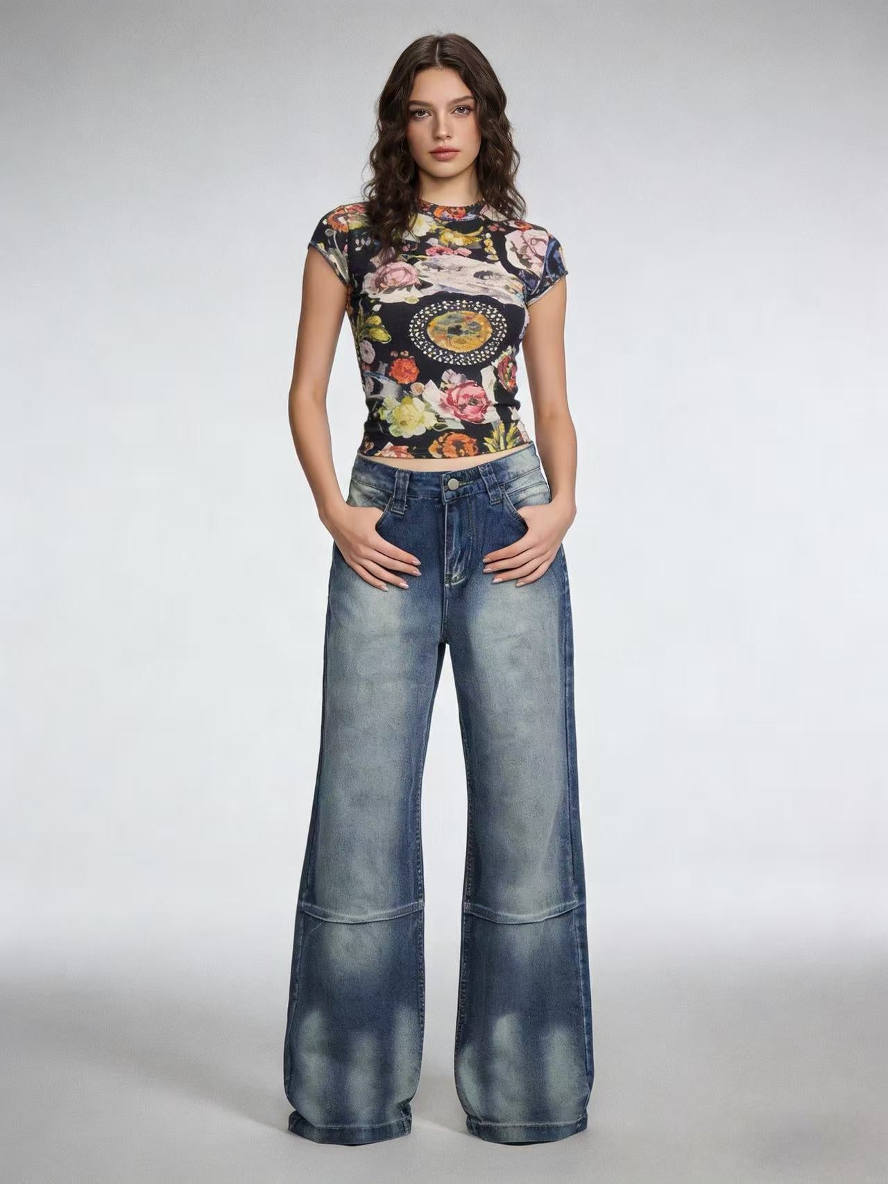 Women's Source Washed Distressed Gradient Wings Printing Retro Loose Women's Jeans