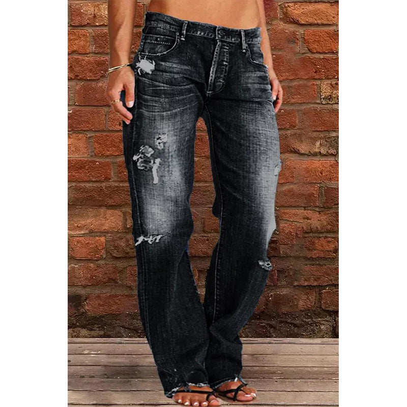 Women's Denim Trousers Trendy Mid Waist Ripped Jeans