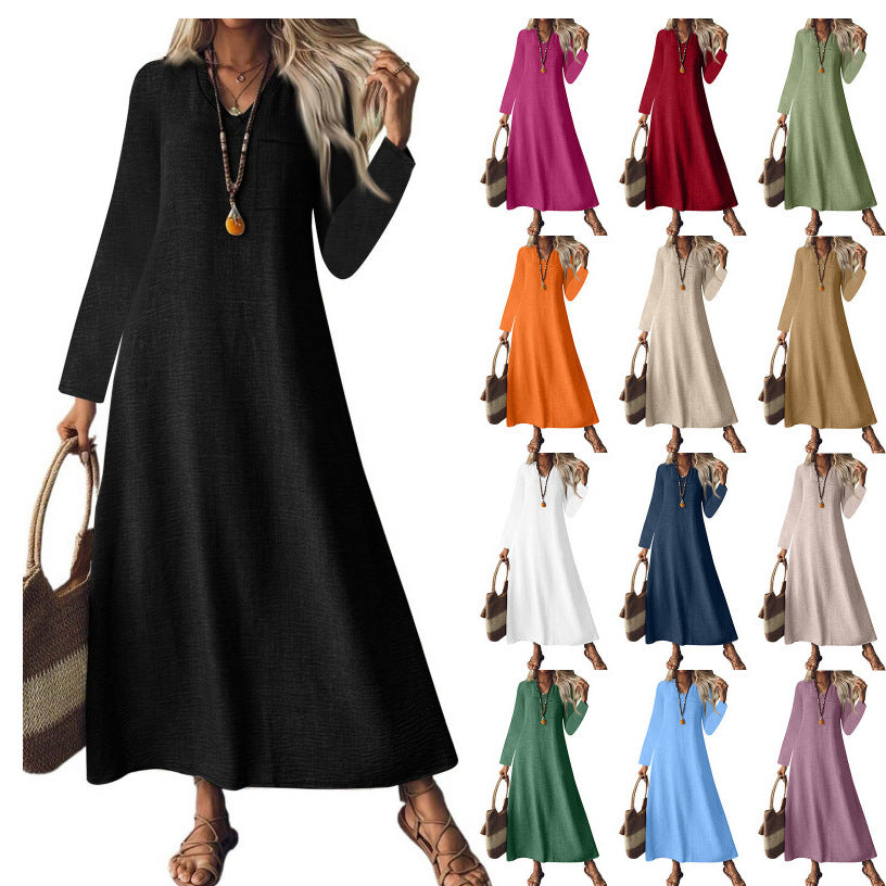 Summer Back Zipper Cotton Linen Solid Color Dress