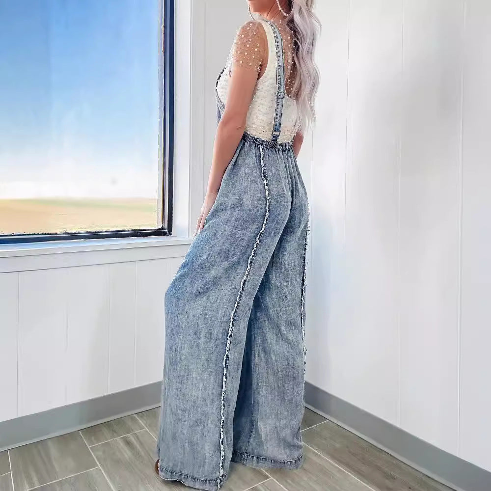Women's Overalls Retro Washed Raw Hem Wide Jumpsuits