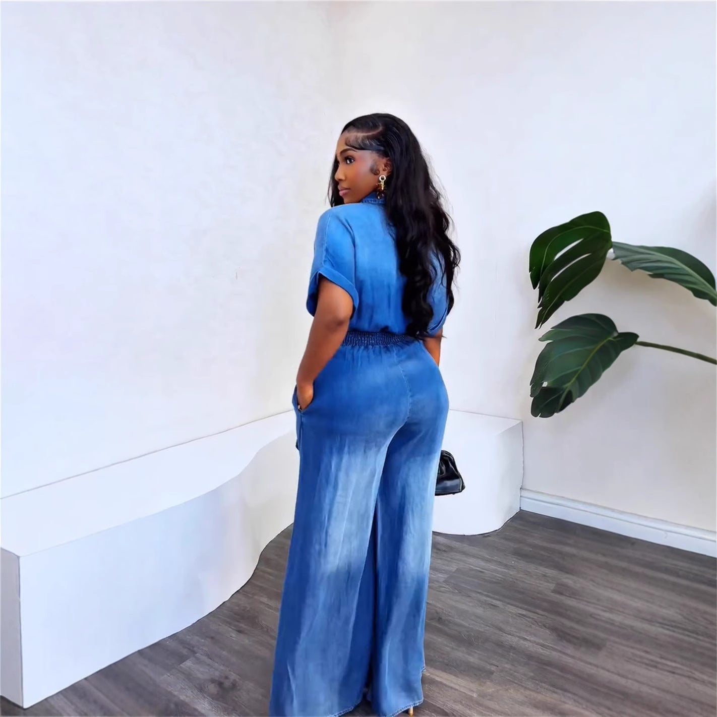 Women's Fashion Wear Turn-down Collar Short-sleeved Loose Jumpsuits