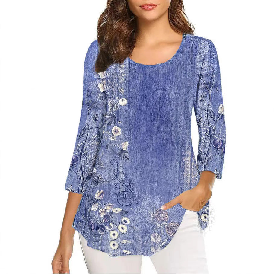 Autumn Three-quarter Sleeve Round Neck Printed Mid-length Bottoming Tops