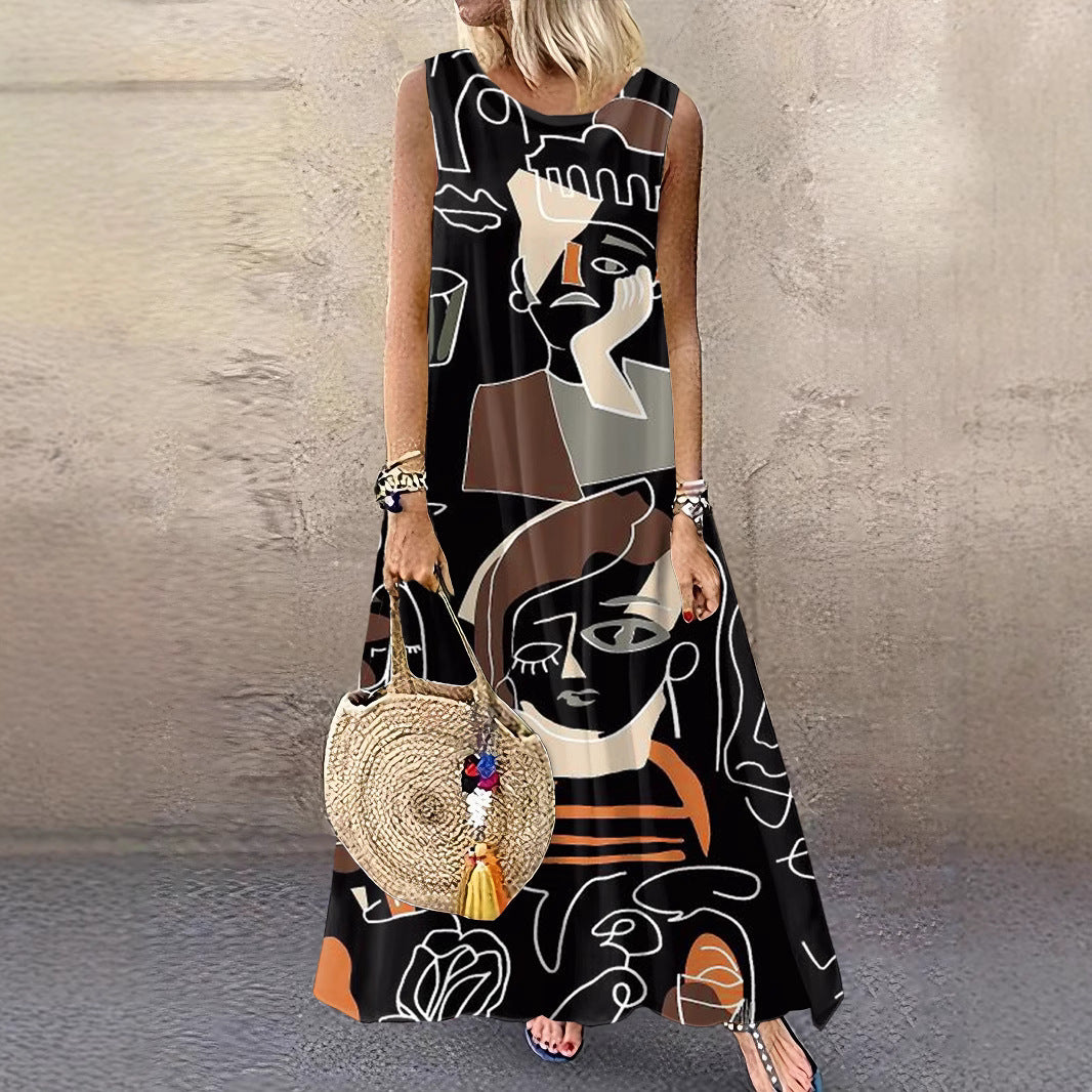 Women's Round Neck Printed Sleeveless Large Long Dress