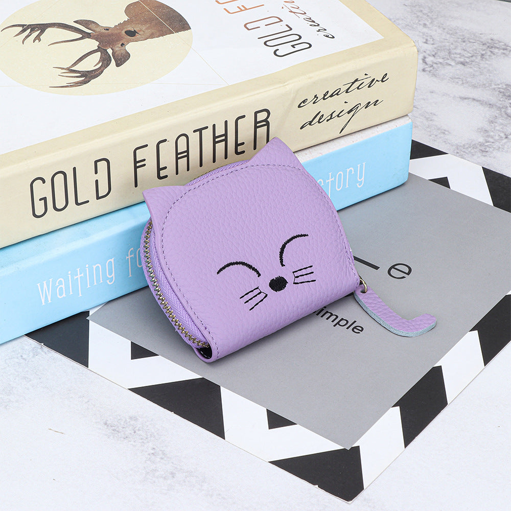 Women's Cartoon Cute Embroidery Cat Genuine Leather Bags