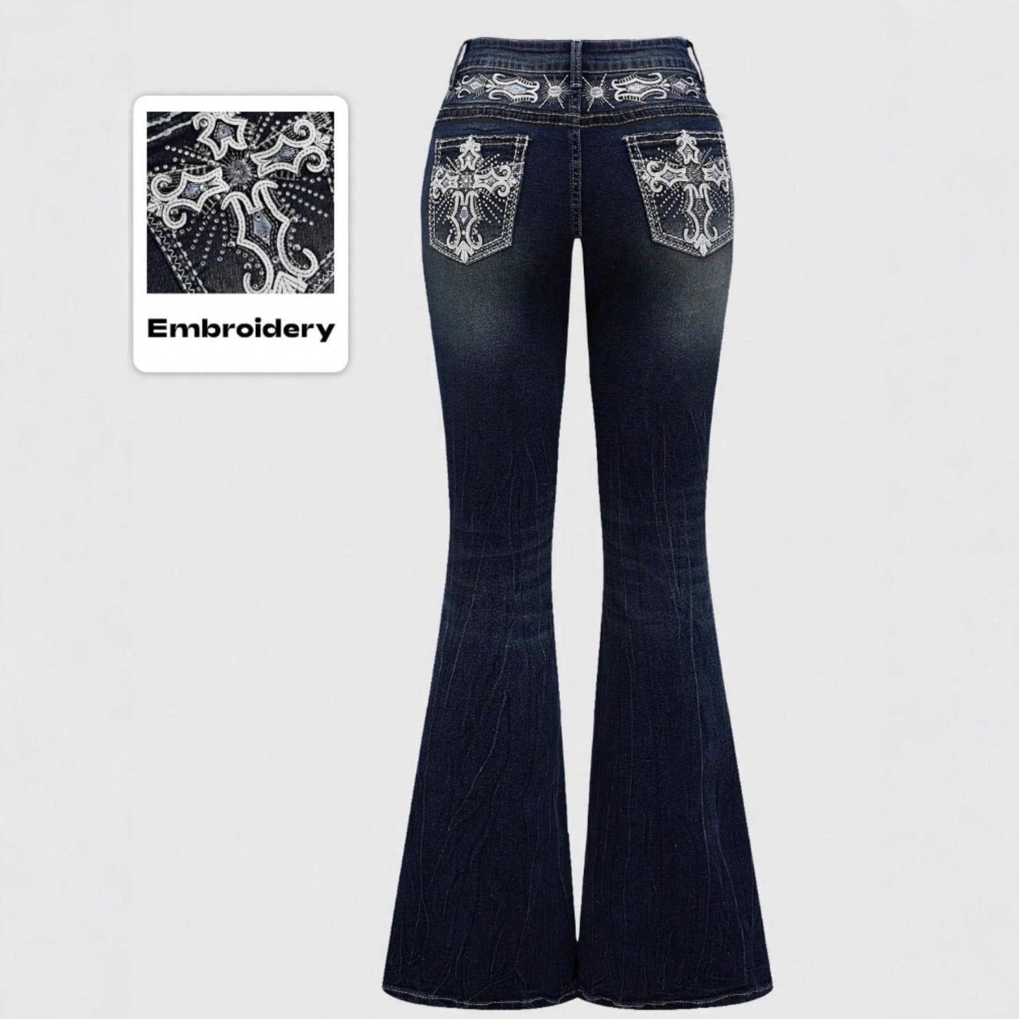 Women's Color Water Scrubbing Pocket Embroidered Hot Fix Rhinestone Jeans