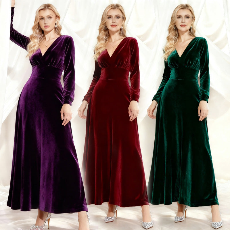Women's Solid Color Long Sleeve Gold Veet Dress