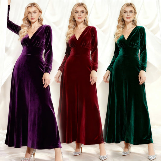 Women's Solid Color Long Sleeve Gold Veet Dress
