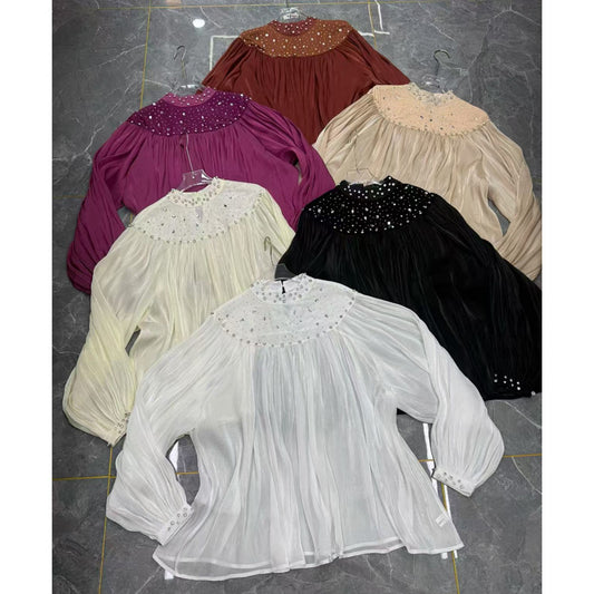 Rhinestone Lantern Sleeve Tassel Gauzy Shirt Blouses
