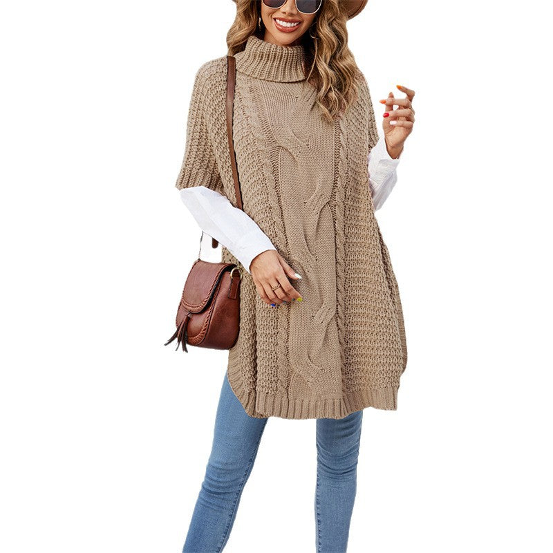 Women's Turtleneck Twist Shawl Loose Half Sleeve Sweaters