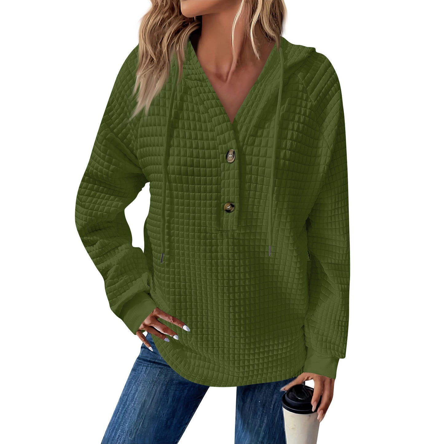 Women's Square Quilted Hooded Button Loose Long Women's Sweater, Sweater