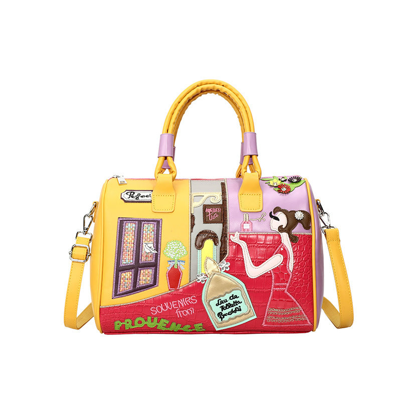 Retro Large Capacity Portable Boston Niche Embroidered Patch Crossbody Bags