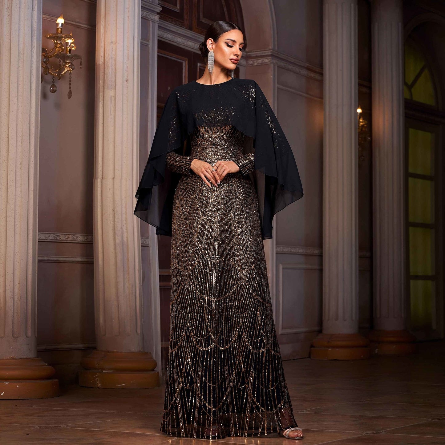 Women's Long-sleeved Round Neck Shawl Banquet Sequined Dresses