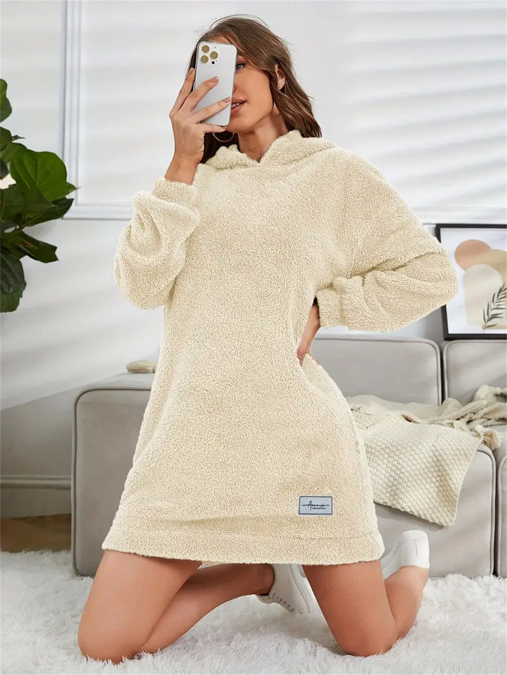 Women's Hooded Long-sleeved Plush Dress Loose Hoodie Women's Sweater, Sweater