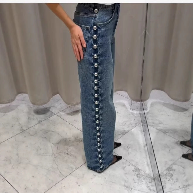 Women's Side Round Beads Decorative Rivets Jeans